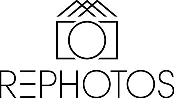 A professional real estate photography and marketing logo for RE Photos, with a modern design featuring a camera and house graphic in black and white